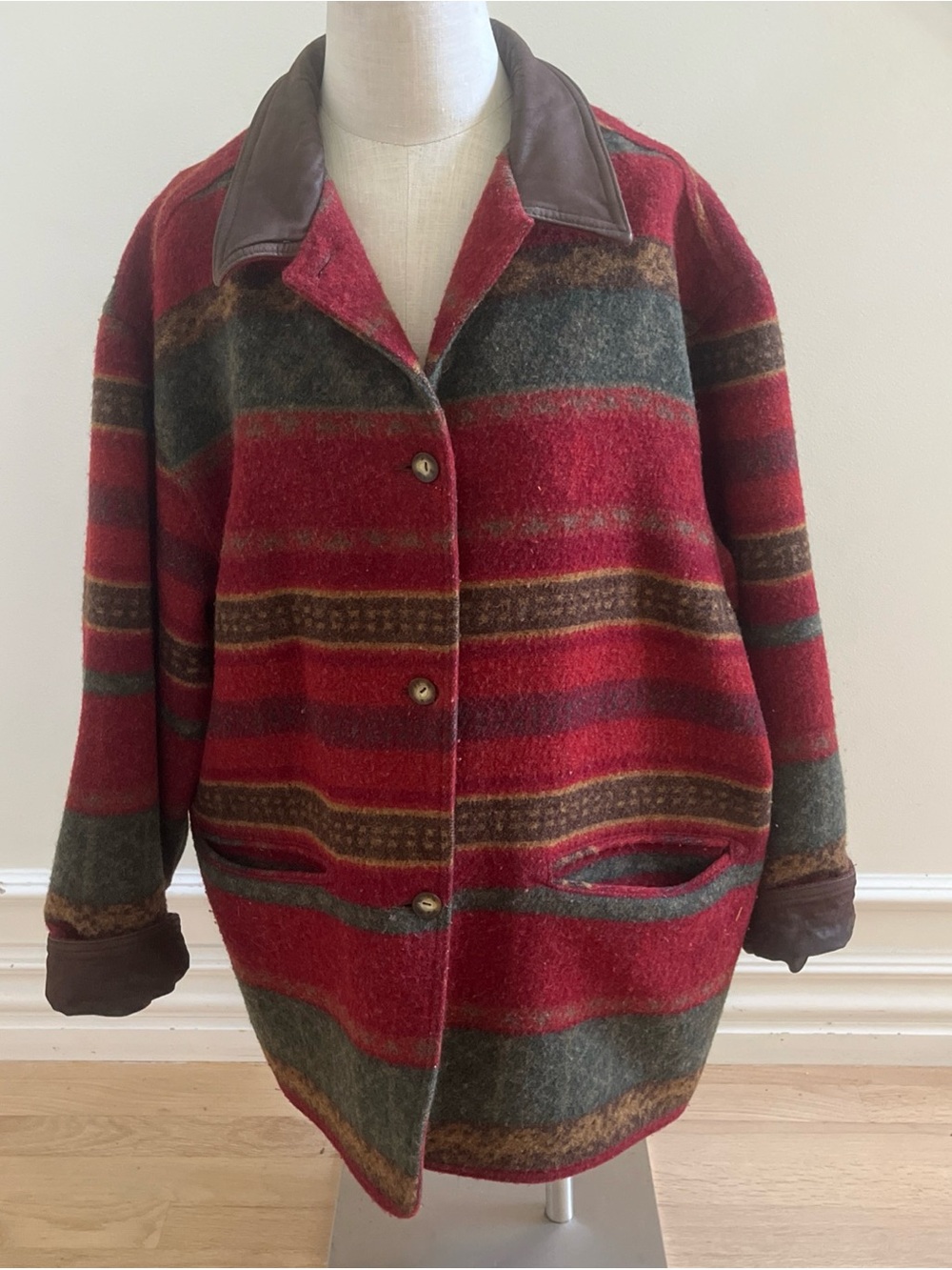 Eddie Bauer Red and Green Striped Wool-Blend Pea Coat with Leather Trim